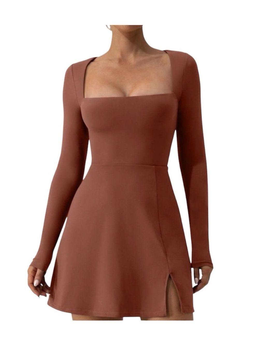Qinsen Square Neck Long Sleeve Midi Dress in Chestnut NWOT
